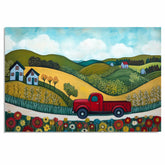 Farm Folk Art Print Featuring Red Vintage Truck Colorful Rolling Hills Blue Farmhouses and Wildflowers Hand Painted Country Scene for Rustic Wall Home Decor on Ready to Hang 1.5" Thick Canvas Wrap, Floating Framed Canvas, Flat Rolled Canvas